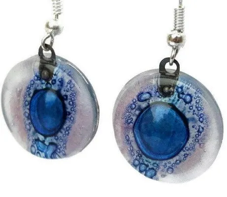 Round Lilac and Blue Dangle earrings. Recycled Fused Glass Drop Earrings. Dangle Earrings