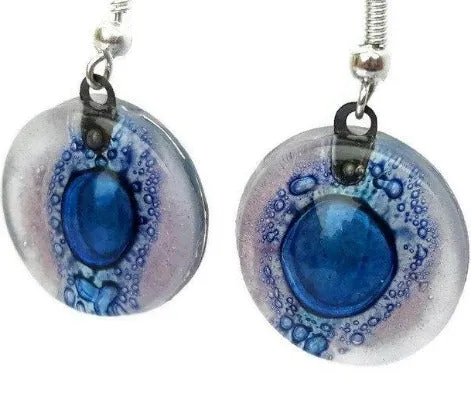 Round Lilac and Blue Dangle earrings. Recycled Fused Glass Drop Earrings. Dangle Earrings