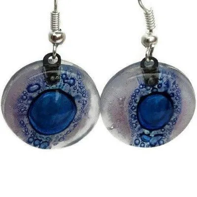 Round Lilac and Blue Dangle earrings. Recycled Fused Glass Drop Earrings. Dangle Earrings