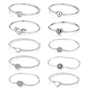 Silver Bracelets Bangles Crystal Ball Love Heart Clasp Beads Charms Moments Bracelet For Women DIY Jewelry
