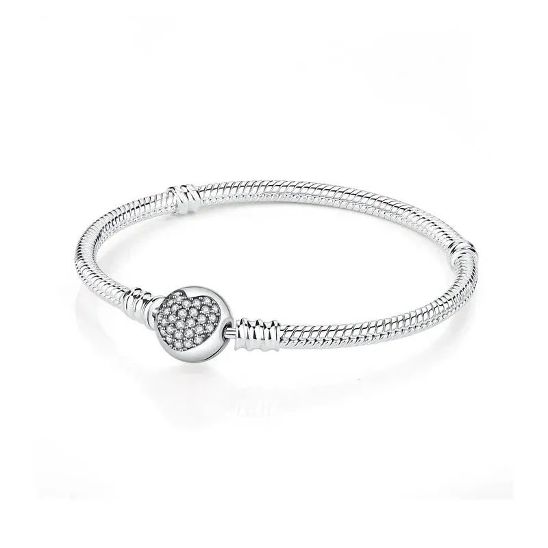 Silver Bracelets Bangles Crystal Ball Love Heart Clasp Beads Charms Moments Bracelet For Women DIY Jewelry