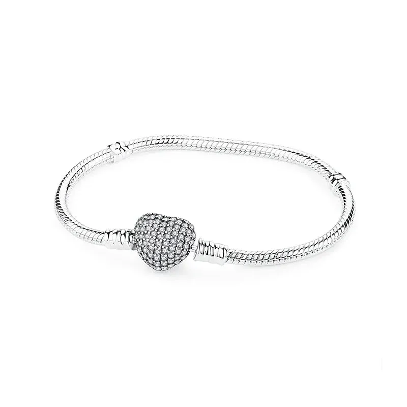 Silver Bracelets Bangles Crystal Ball Love Heart Clasp Beads Charms Moments Bracelet For Women DIY Jewelry