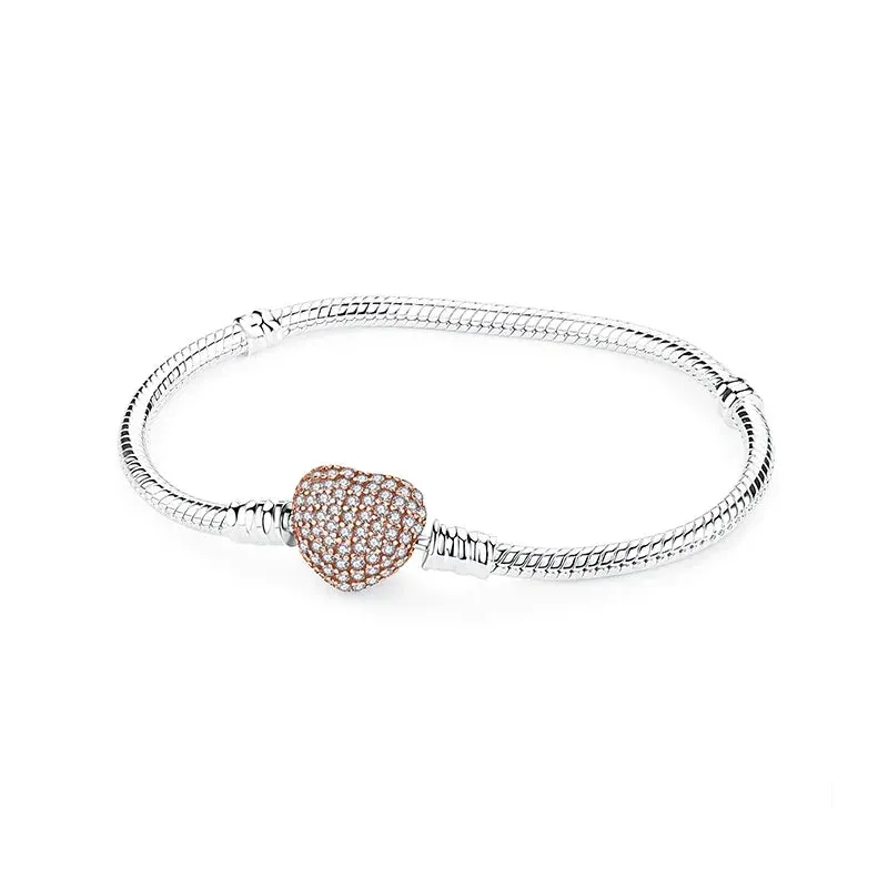Silver Bracelets Bangles Crystal Ball Love Heart Clasp Beads Charms Moments Bracelet For Women DIY Jewelry