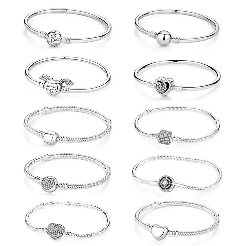 Silver Bracelets Bangles Crystal Ball Love Heart Clasp Beads Charms Moments Bracelet For Women DIY Jewelry