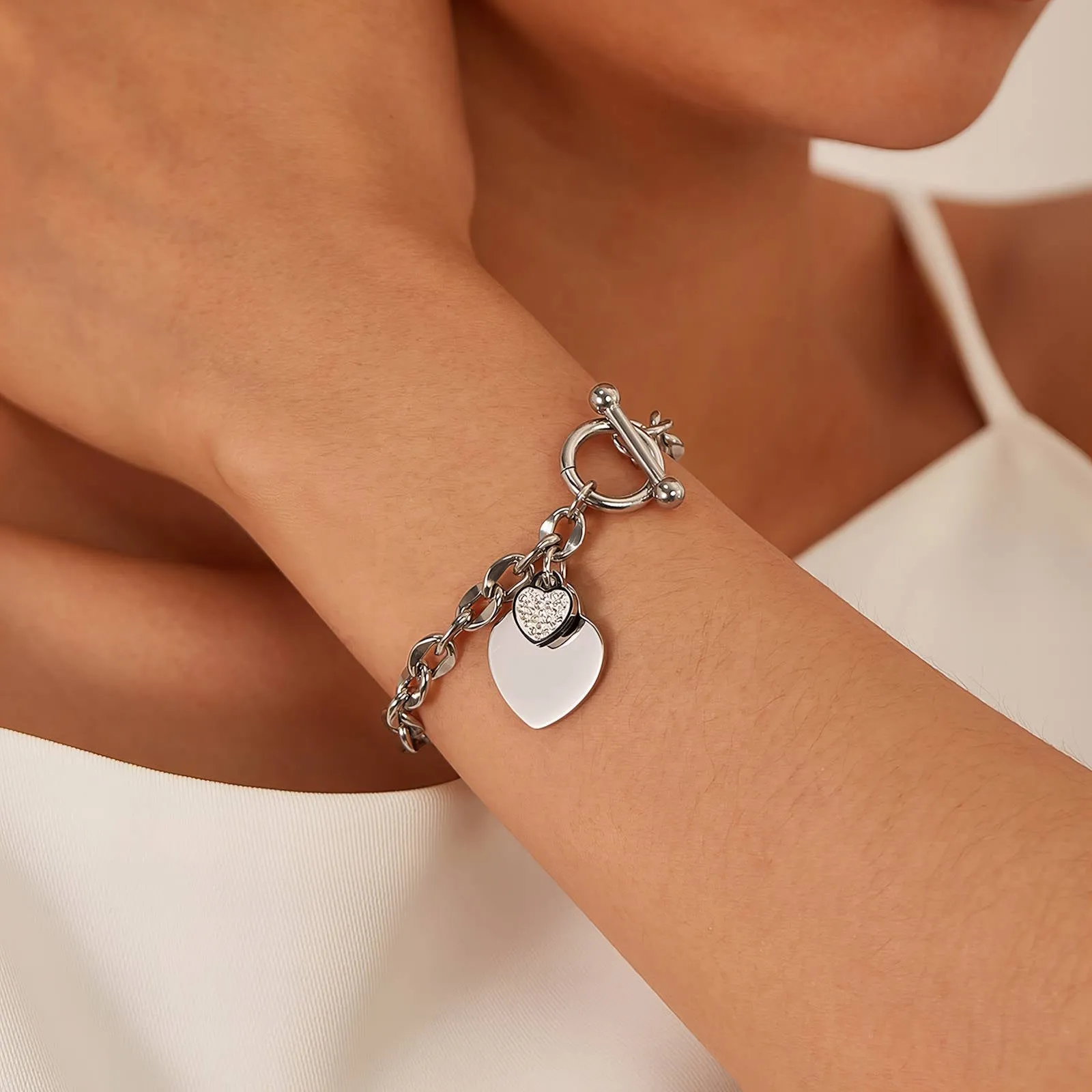 Silver Duo-Heart T-Bar Bracelet – Stainless Steel