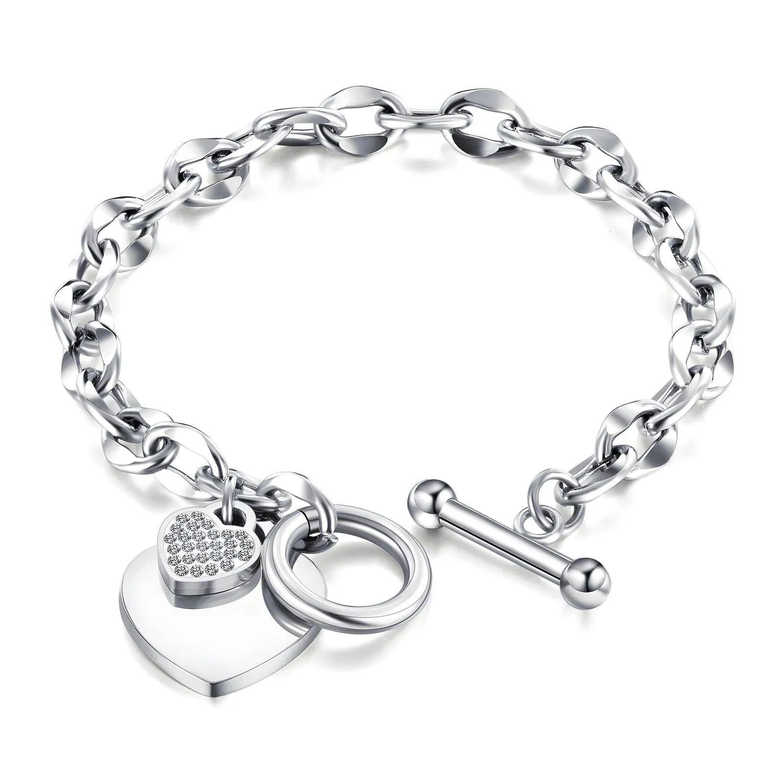 Silver Duo-Heart T-Bar Bracelet – Stainless Steel