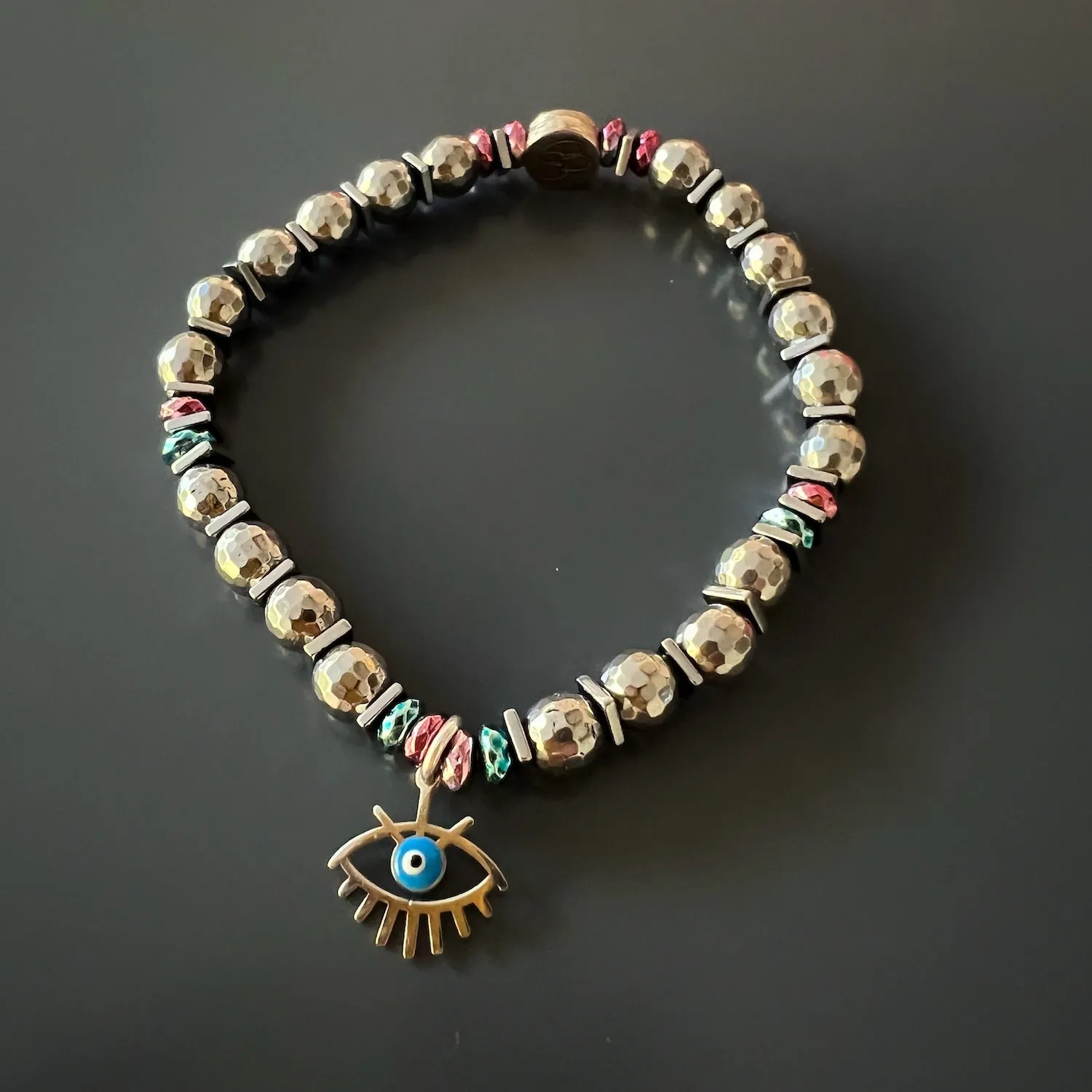 Silver Hematite Stone Beaded Blue Evil Eye Bracelet Set