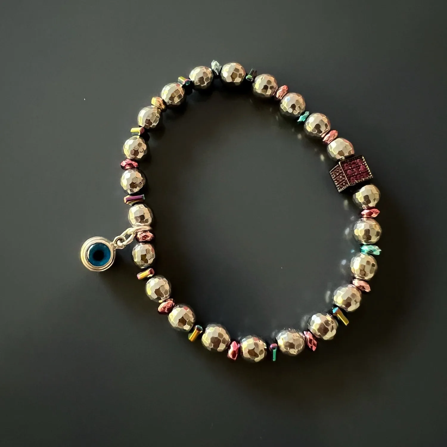 Silver Hematite Stone Beaded Blue Evil Eye Bracelet Set