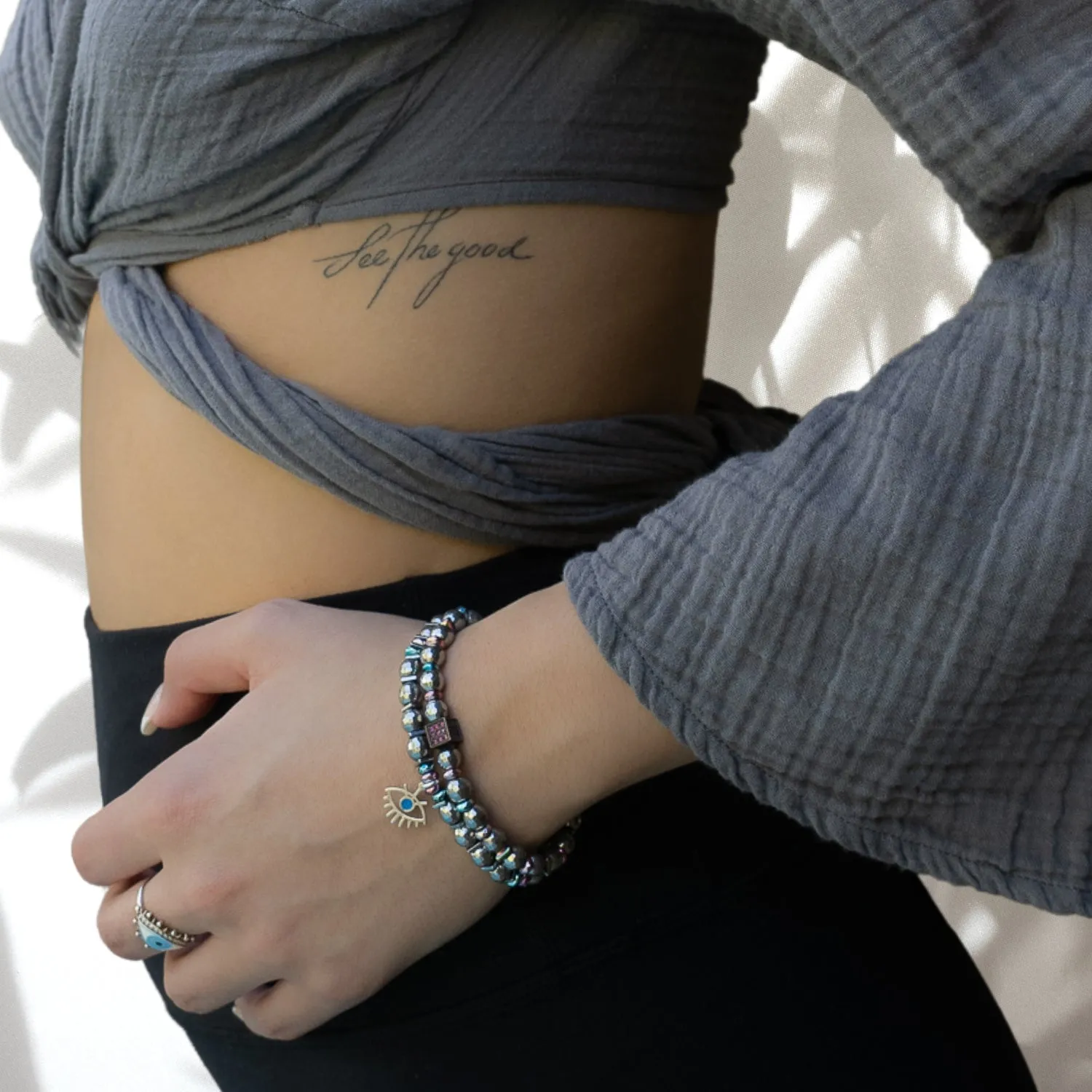 Silver Hematite Stone Beaded Blue Evil Eye Bracelet Set