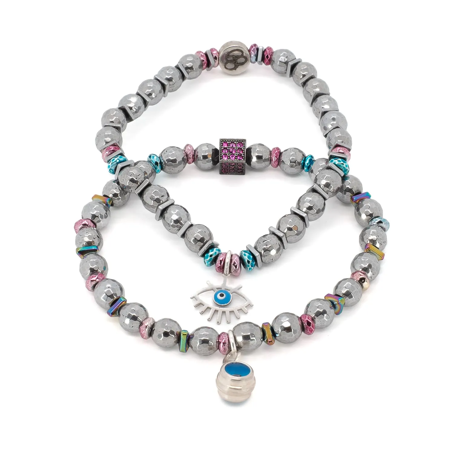 Silver Hematite Stone Beaded Blue Evil Eye Bracelet Set