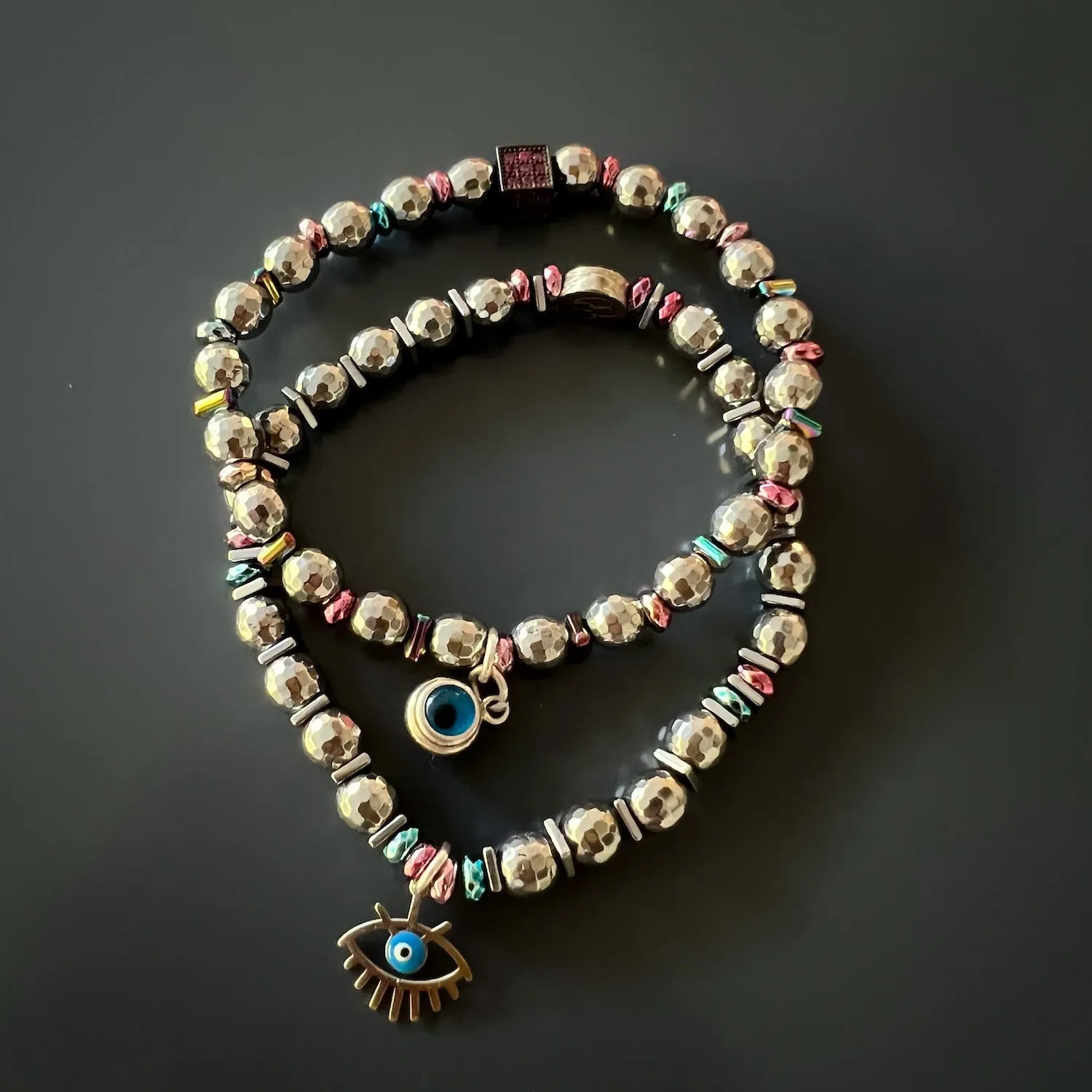 Silver Hematite Stone Beaded Blue Evil Eye Bracelet Set