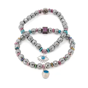Silver Hematite Stone Beaded Blue Evil Eye Bracelet Set