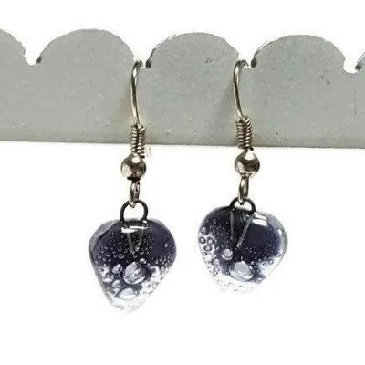 Small purple Earrings. Heart Shape Recycled glass Jewelry. Fused glass purply gray drop Earrings.