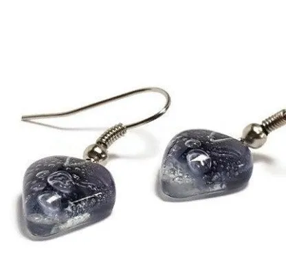 Small purple Earrings. Heart Shape Recycled glass Jewelry. Fused glass purply gray drop Earrings.