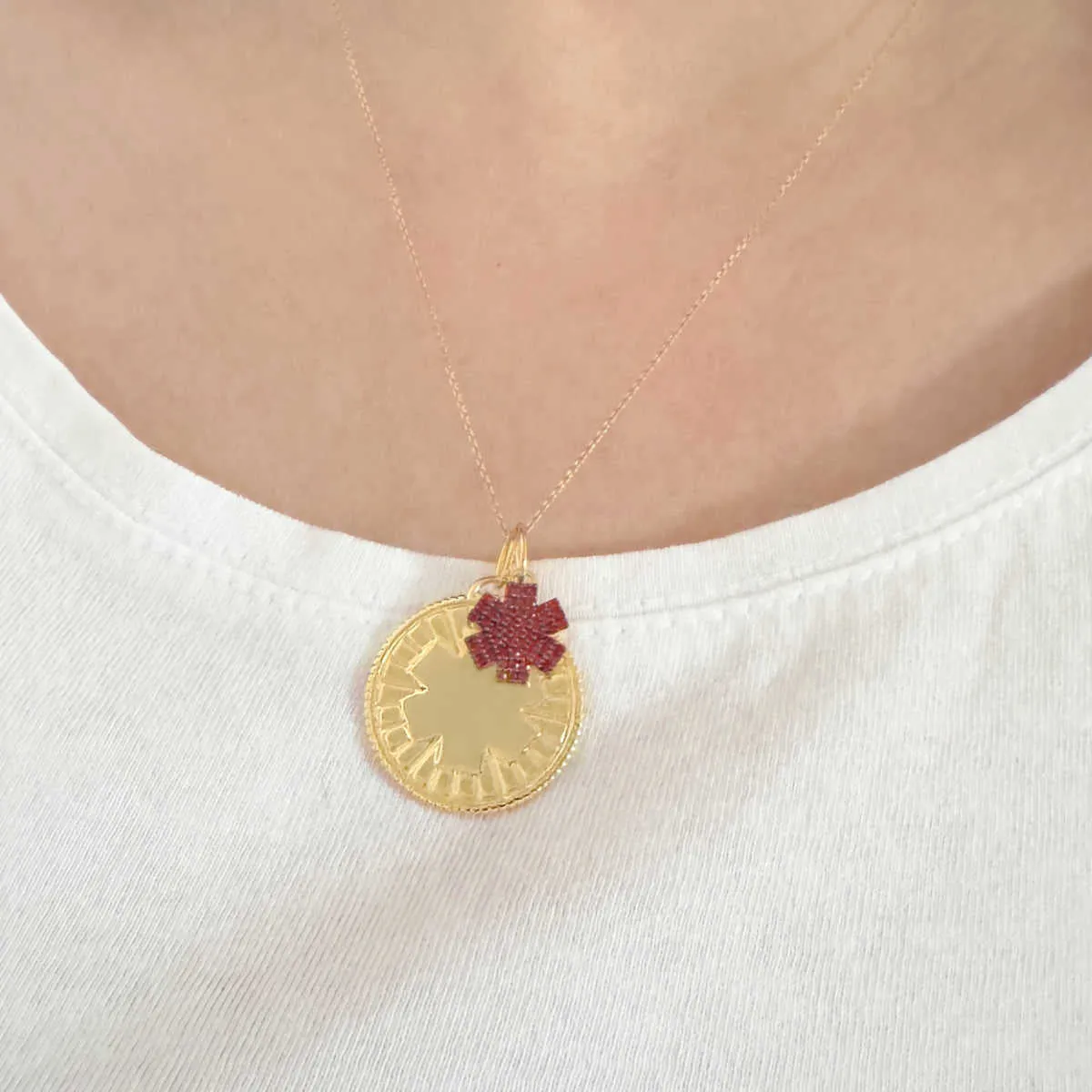Small Star of Life Medical Charm in Gold Plated Sterling Silver & Garnet