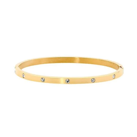S/S Gold IP Plated Hinged 4mm wide Bangle w/ WH CZ