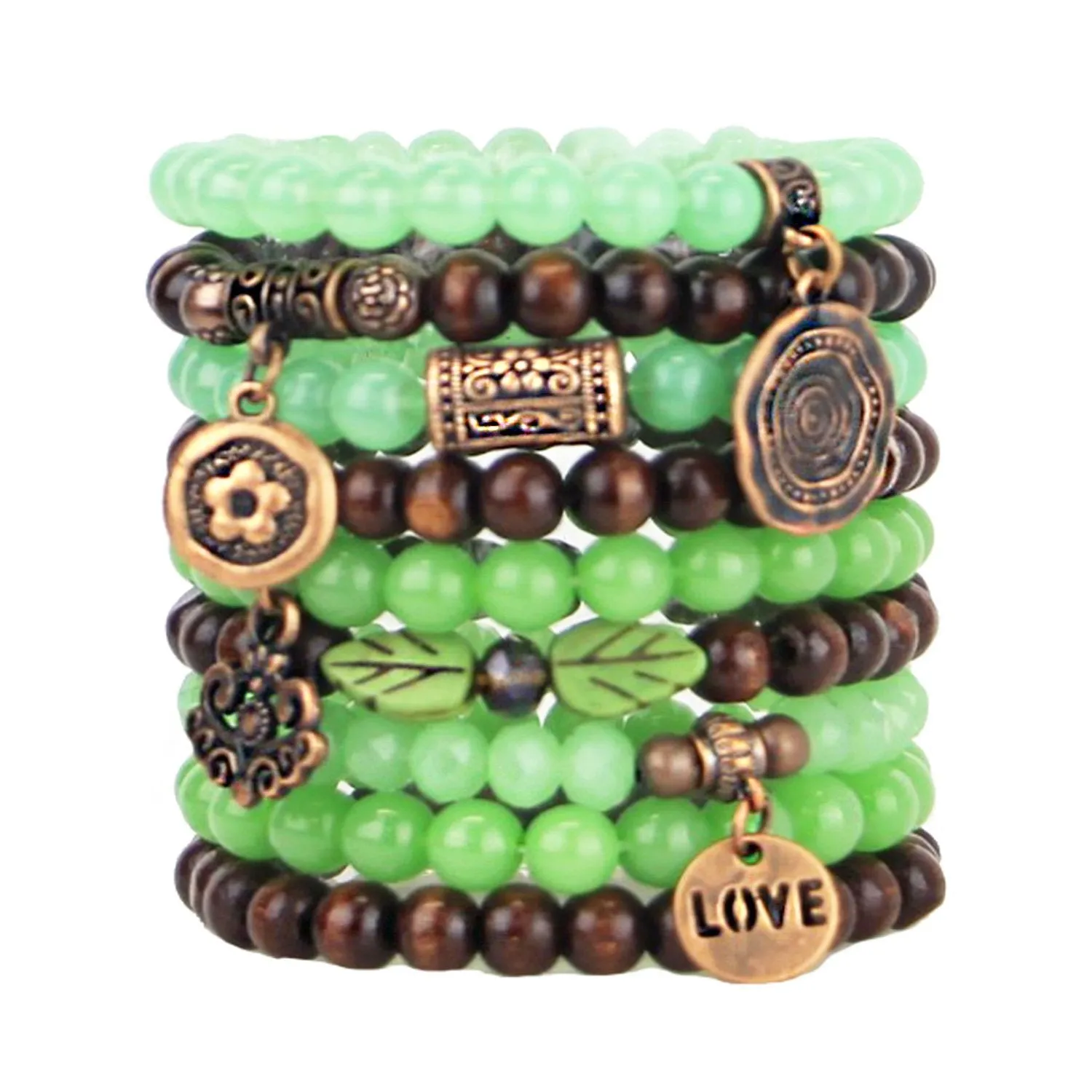 Stacking Bracelets Set of 9 Stretch Beaded Bracelets in Natural Woodland and Green Tones