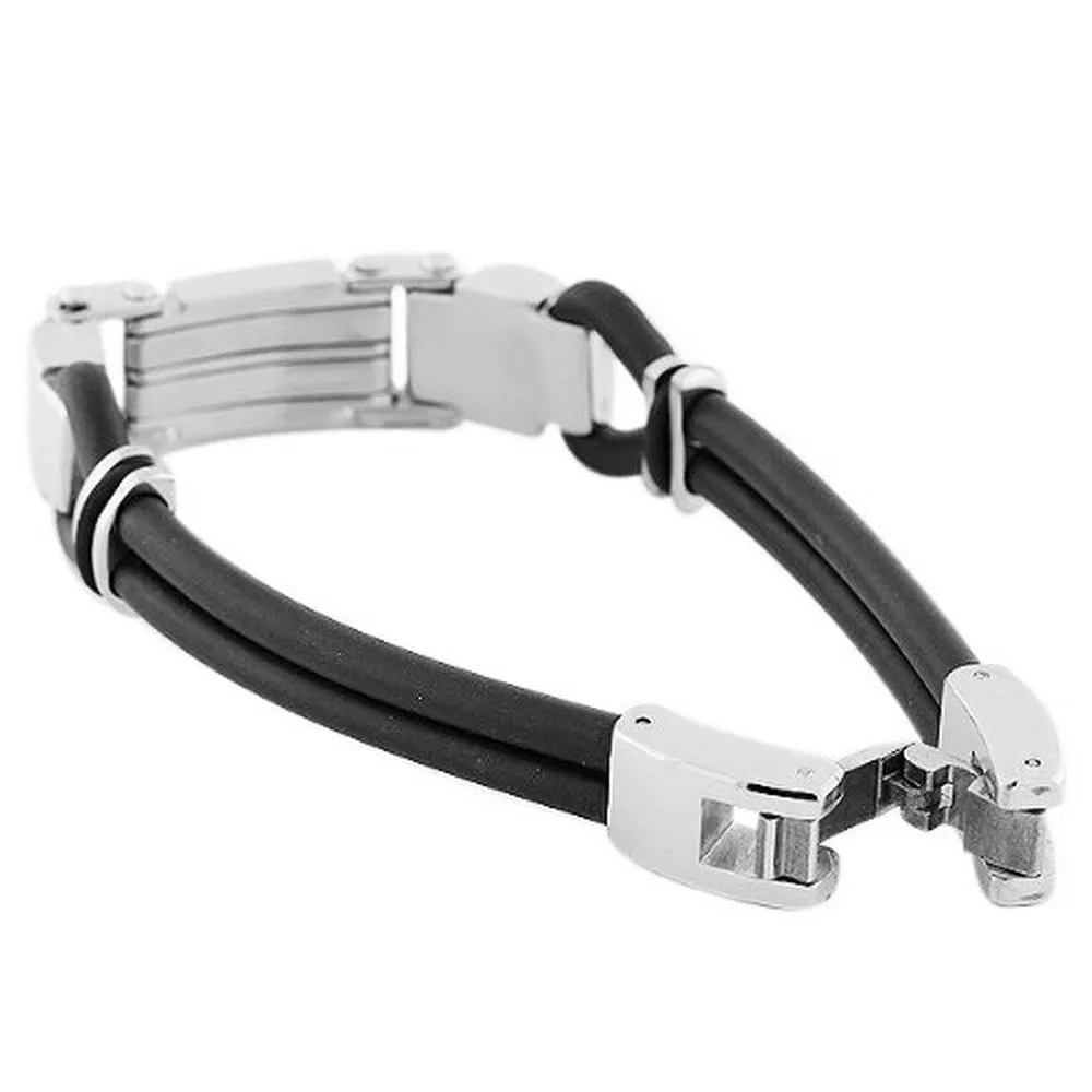 Stainless Steel and Black Rubber Silicone Silver-Tone Men's Bracelet