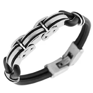 Stainless Steel and Black Rubber Silicone Silver-Tone Men's Bracelet