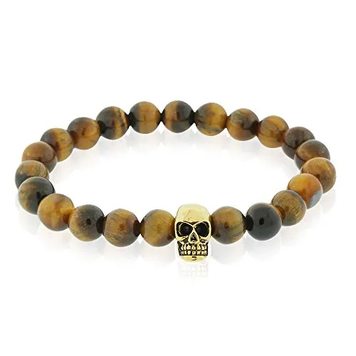 Stainless Steel Black Beads Silver-Tone Skulls Mens Stretch Bracelet