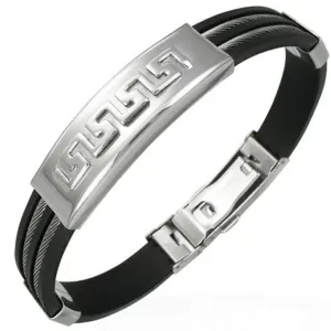 Stainless Steel Black Rubber Silicone Greek Key Twisted Cable Mens Bracelet