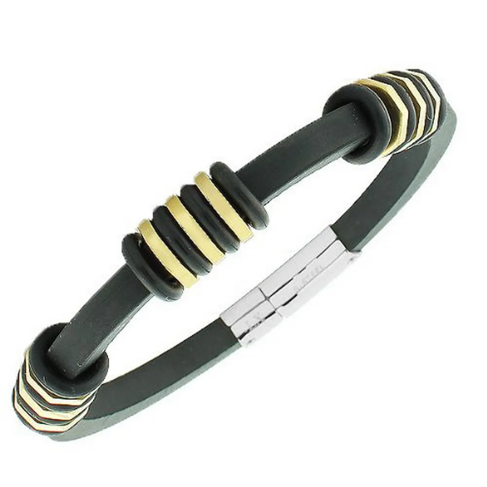 Stainless Steel Black Rubber Silicone Yellow Gold-Tone Men's Bracelet