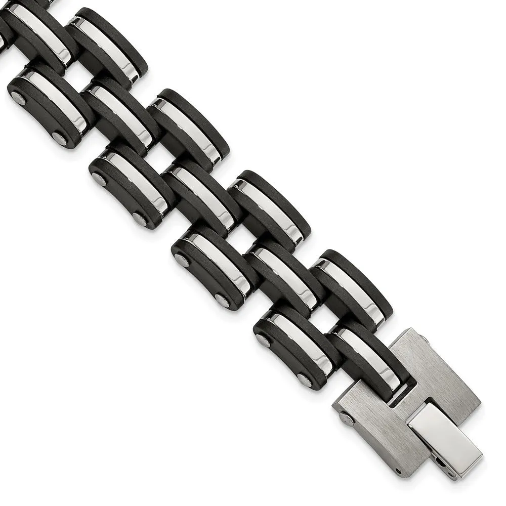 Stainless Steel Brushed and Polished Black Rubber 8in Bracelet