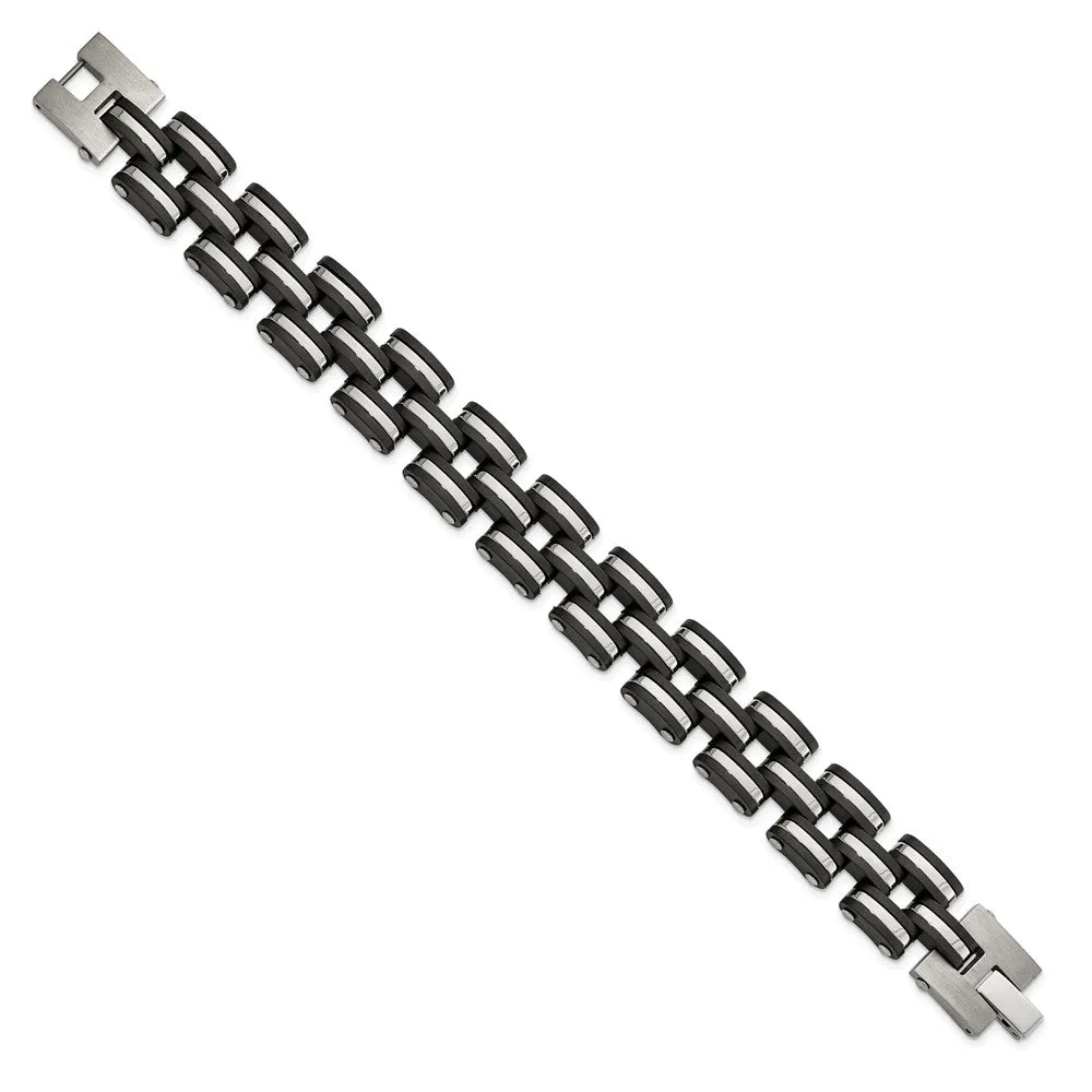 Stainless Steel Brushed and Polished Black Rubber 8in Bracelet