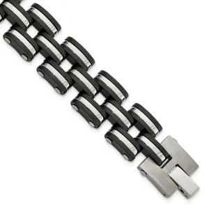 Stainless Steel Brushed and Polished Black Rubber 8in Bracelet