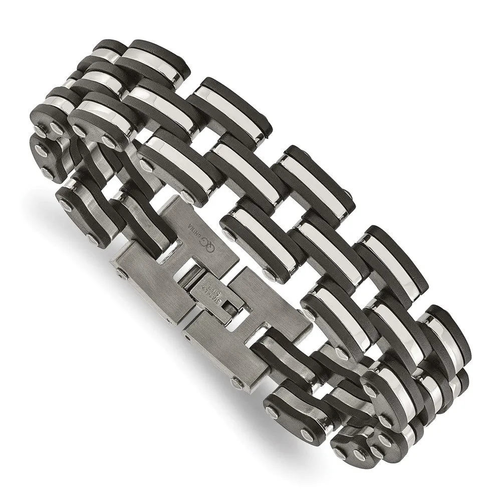 Stainless Steel Brushed and Polished Black Rubber 8in Bracelet