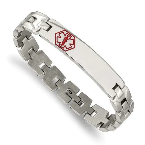 Stainless Steel Brushed and Polished with Red Enamel Medical ID Bracelet