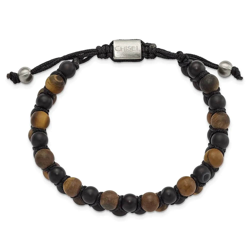 Stainless Steel Brushed Tiger's Eye/Black Agate Adjustable Bracelet