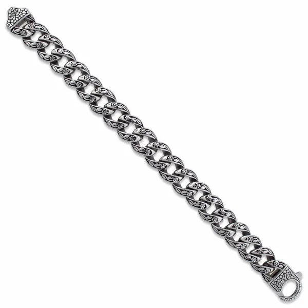 Stainless Steel Flower Etched Curb Bracelet