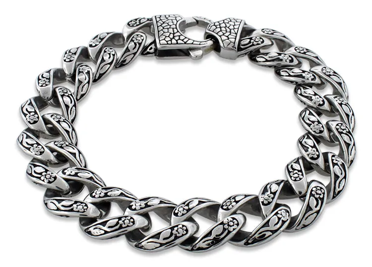 Stainless Steel Flower Etched Curb Bracelet