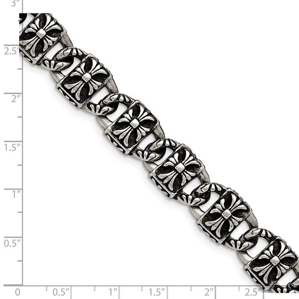 Stainless Steel Polished and Antiqued Cross Bracelet