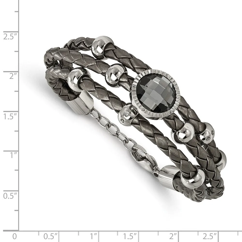 Stainless Steel Polished Grey Faux Leather & Glass .75in ext Bracelet