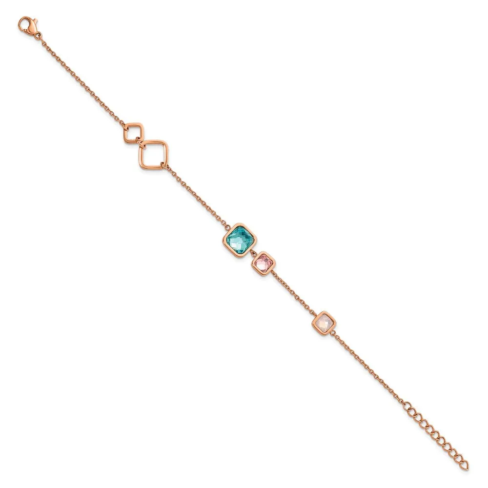 Stainless Steel Polished Rose IP Multicolor Crystal w/1in ext. 7.5in Bracel