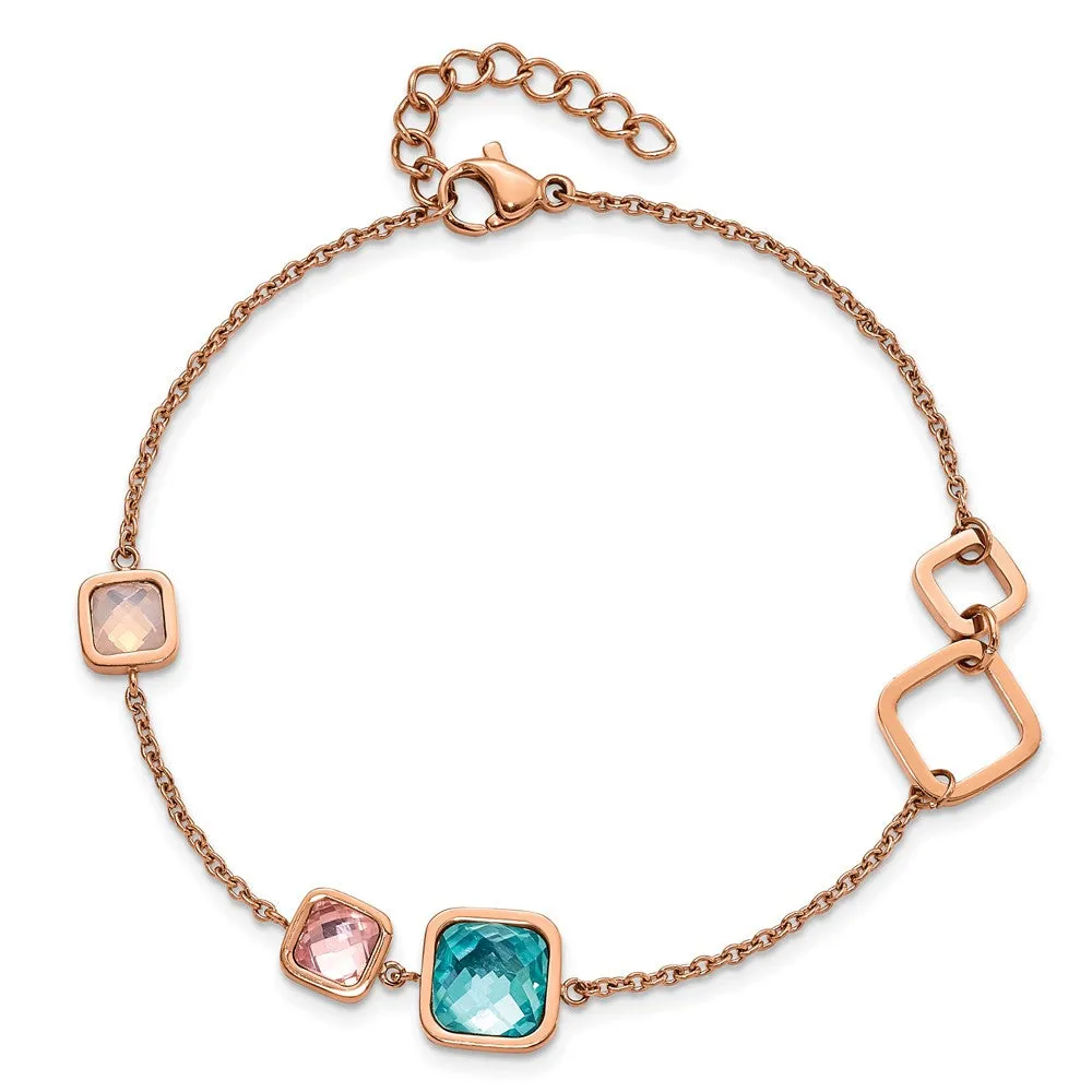 Stainless Steel Polished Rose IP Multicolor Crystal w/1in ext. 7.5in Bracel