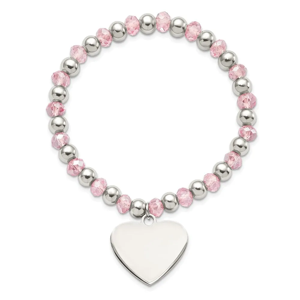Stainless Steel Polished w/Pink Glass Beads Heart Dangle Stretch Bracelet