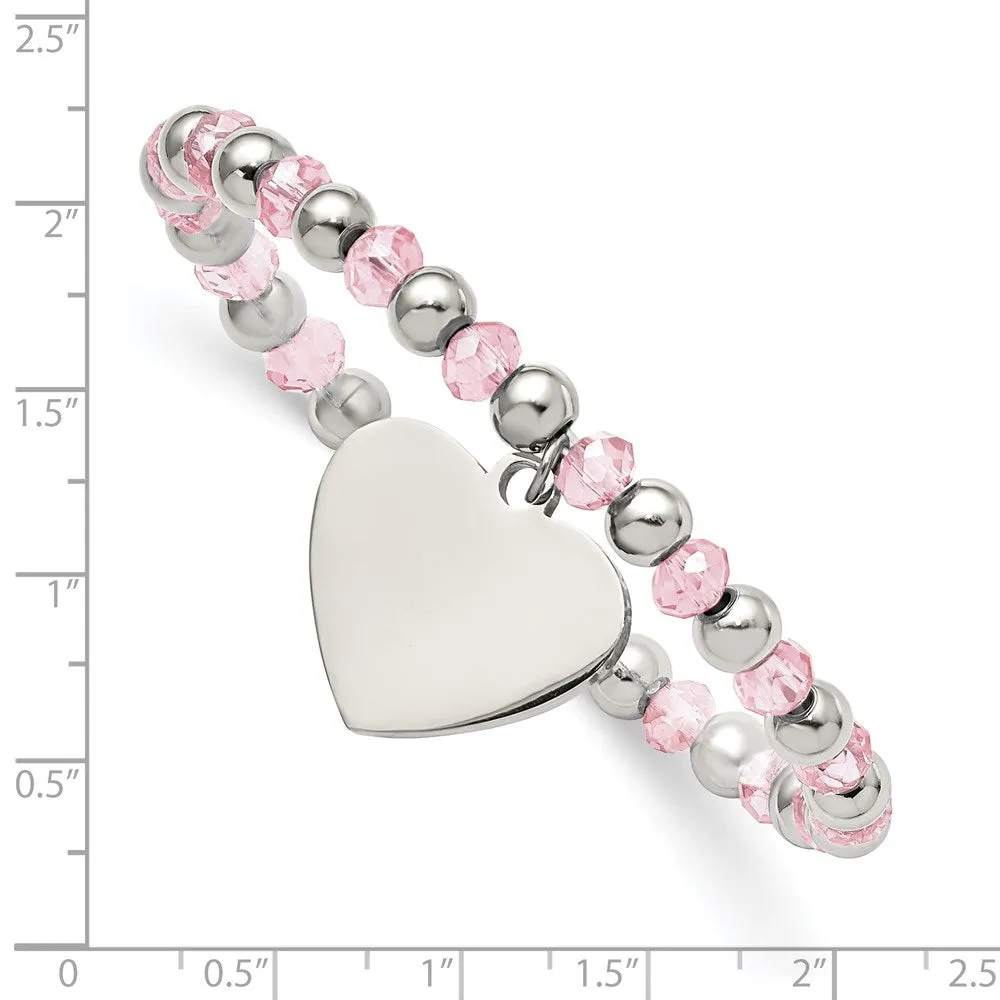 Stainless Steel Polished w/Pink Glass Beads Heart Dangle Stretch Bracelet