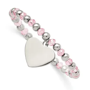 Stainless Steel Polished w/Pink Glass Beads Heart Dangle Stretch Bracelet