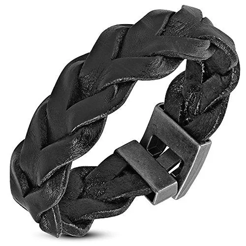 Stainless Steel Red Braided Leather Men's Wristband Bracelet, 8"