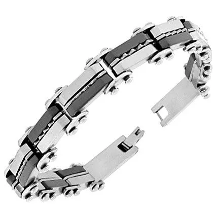 Stainless Steel Silver Black Two-Tone Link Chain Mens Bracelet
