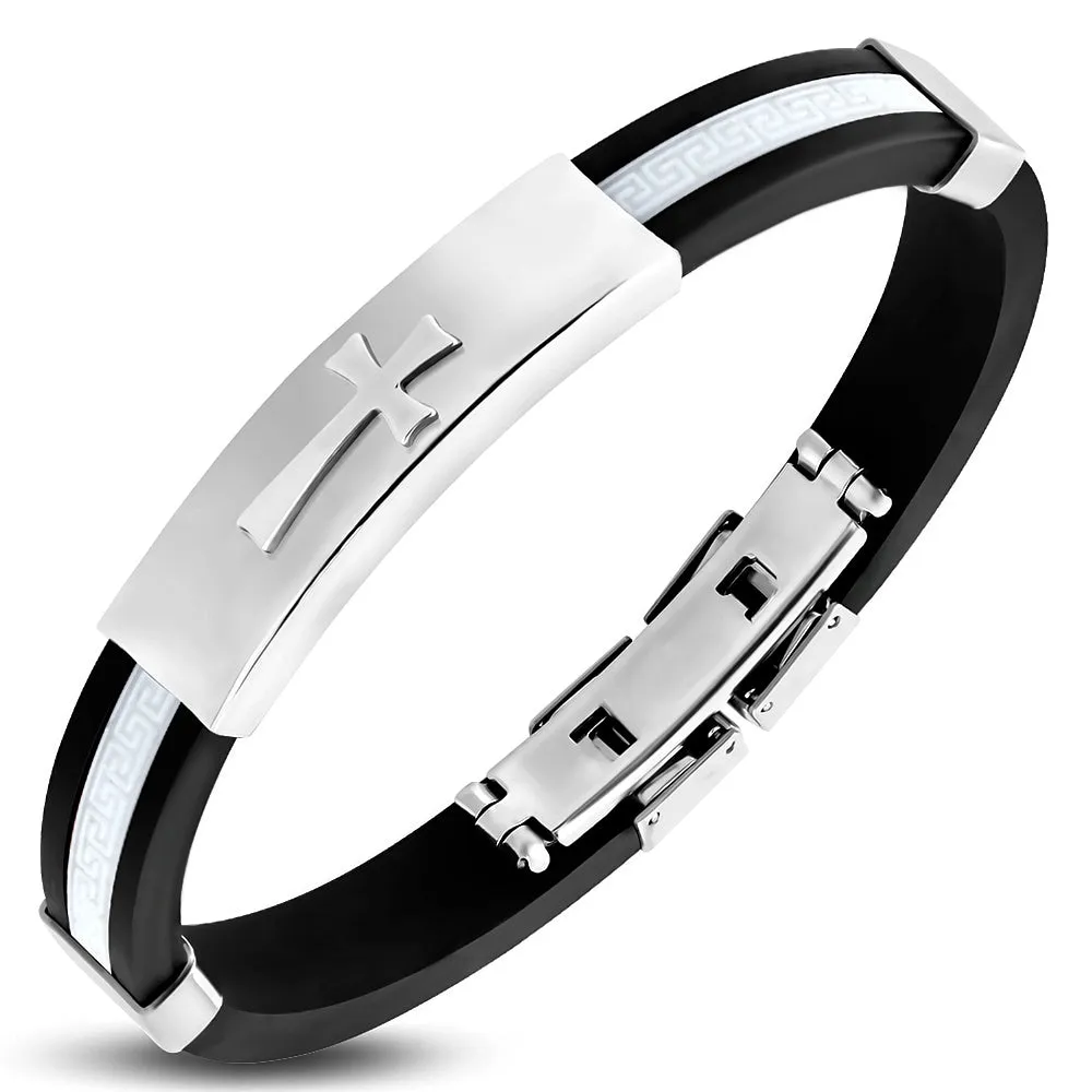 Stainless Steel White Black Rubber Religious Cross Bracelet