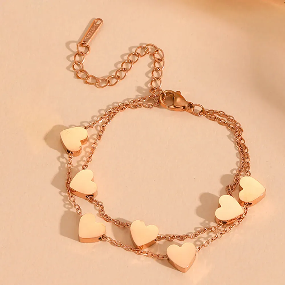 Streetwear Double Layered Heart Shape Titanium Steel 18K Gold Plated Cable Chain Bracelet