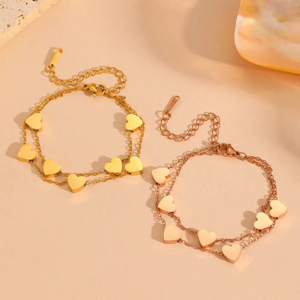Streetwear Double Layered Heart Shape Titanium Steel 18K Gold Plated Cable Chain Bracelet