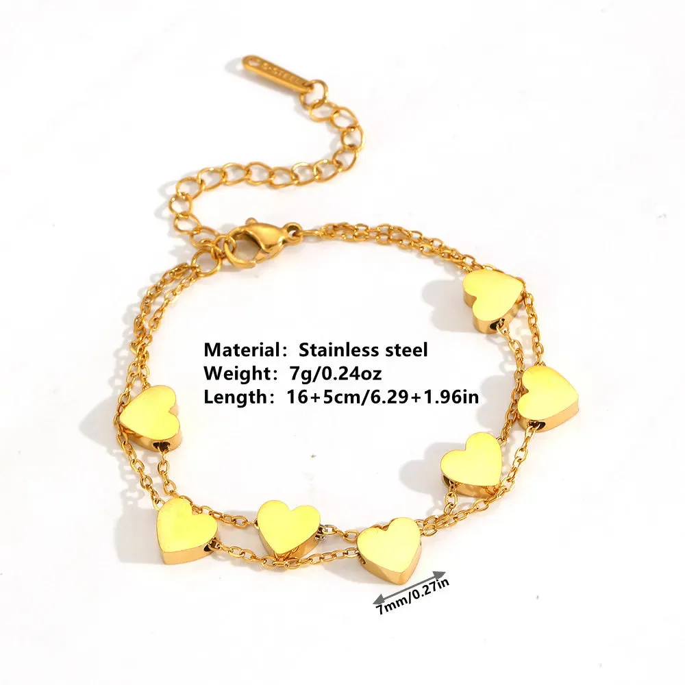 Streetwear Double Layered Heart Shape Titanium Steel 18K Gold Plated Cable Chain Bracelet