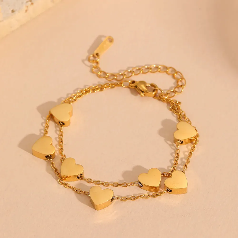 Streetwear Double Layered Heart Shape Titanium Steel 18K Gold Plated Cable Chain Bracelet
