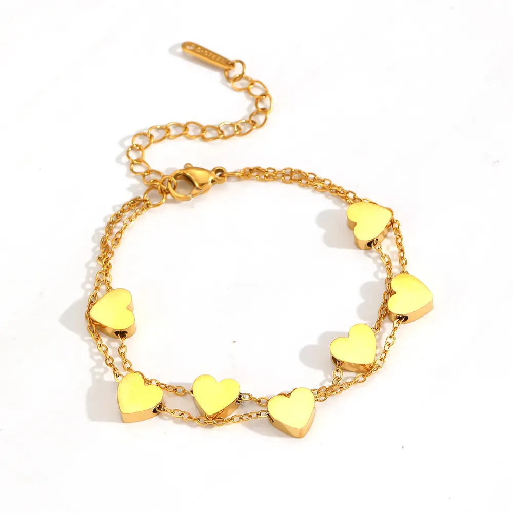 Streetwear Double Layered Heart Shape Titanium Steel 18K Gold Plated Cable Chain Bracelet