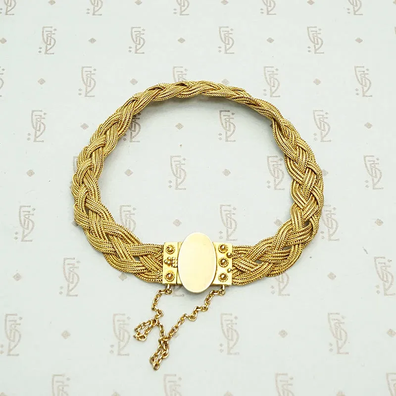 Striking Woven Gold Bracelet with Etruscan Revival Detail